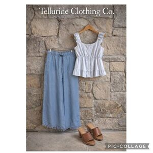 TELLURIDE CLOTHING CO FRAYED FRINGE HEM DRAWSTRING WIDE LEG SOFT CROPPED PANTS